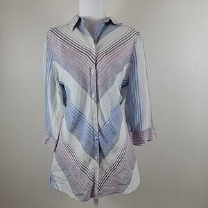 Chicos Linen Top Womens 2 White Pin Stripes Button Down No Iron Coastal Nautical